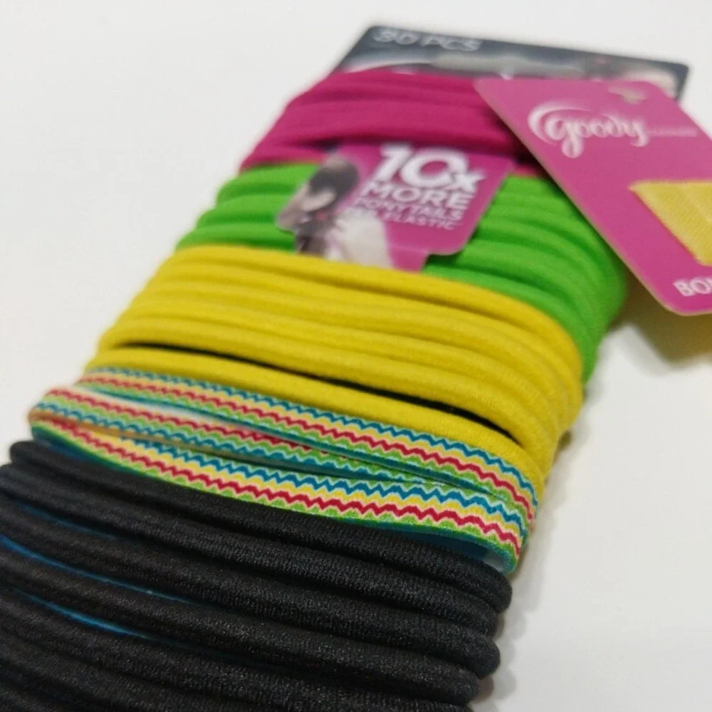 Goody Ouchless Hair Ties 30 PCS Black Pink Green w/ Yellow Ribbon Elastic